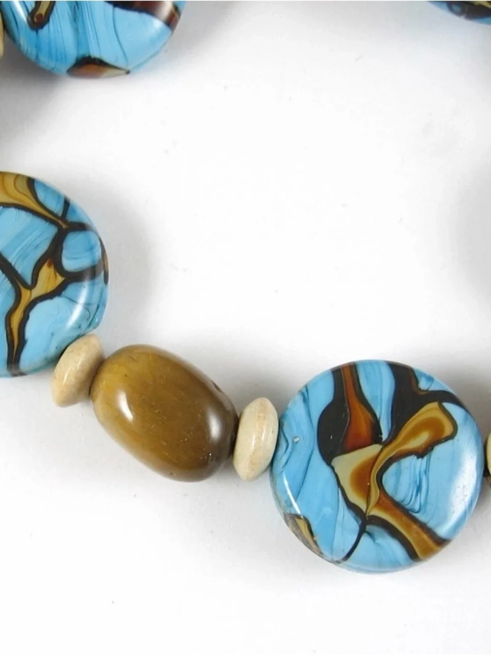 Vintage BEADED BRACELET Tigers Eye and Turquoise Art Glass Beads Elastic Stretch